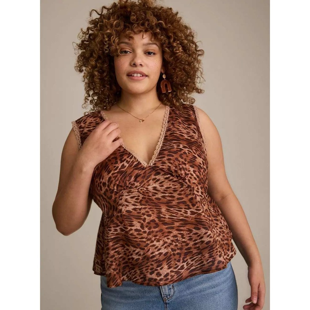 Leopard Animal Print Cotton Tank Top Plus Size Lace Trim Tie Back Coquette Boho